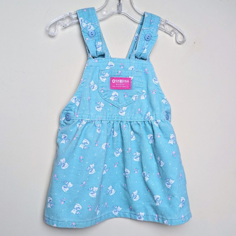 Vintage OshKosh Blue‎ Cats Corduroy Dress Overall Jumper Sz 24 M USA Union Made